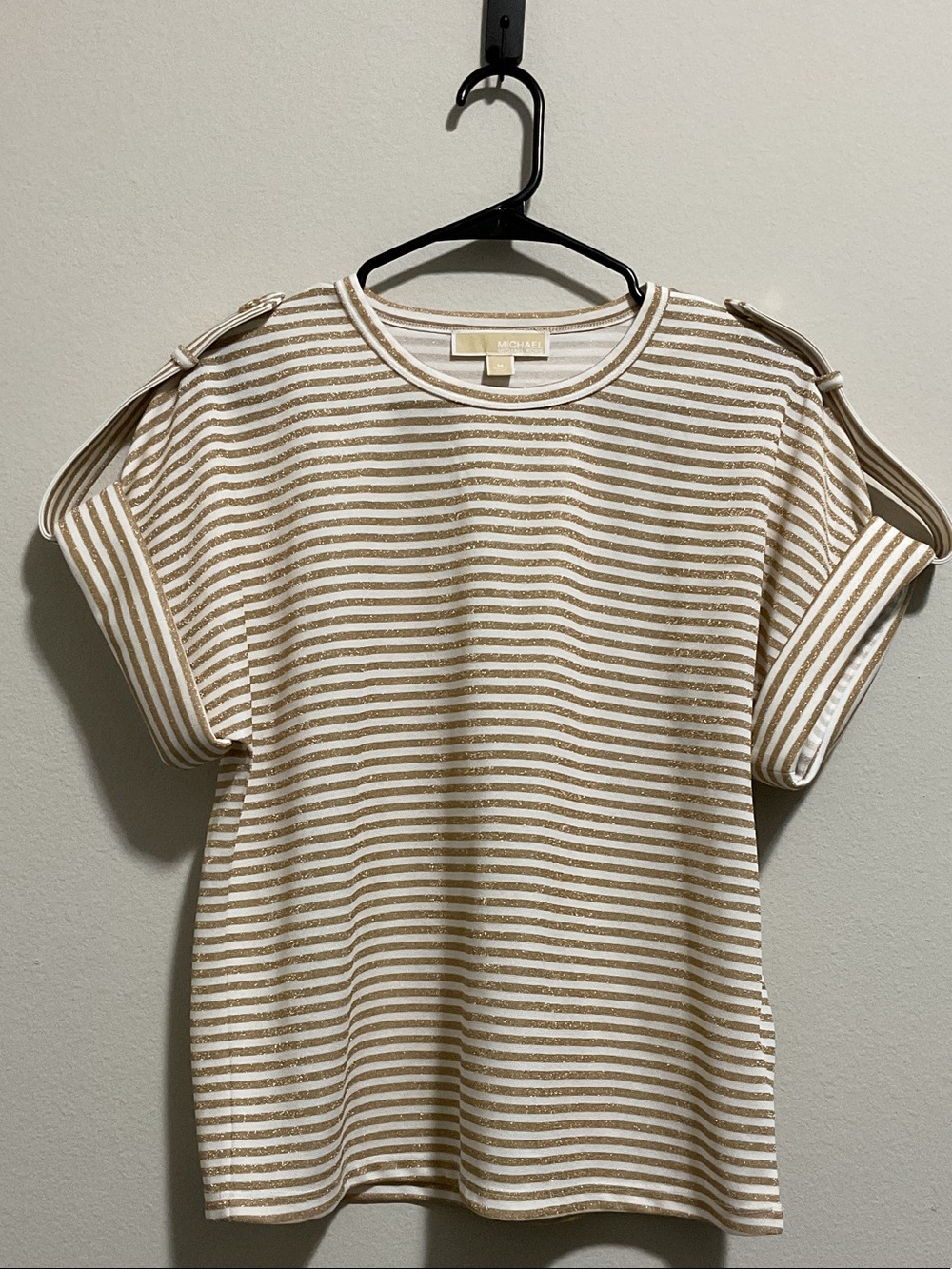 Michael Kors Metallic-Striped Short Sleeve Top- Color(Gold & White)NWOT